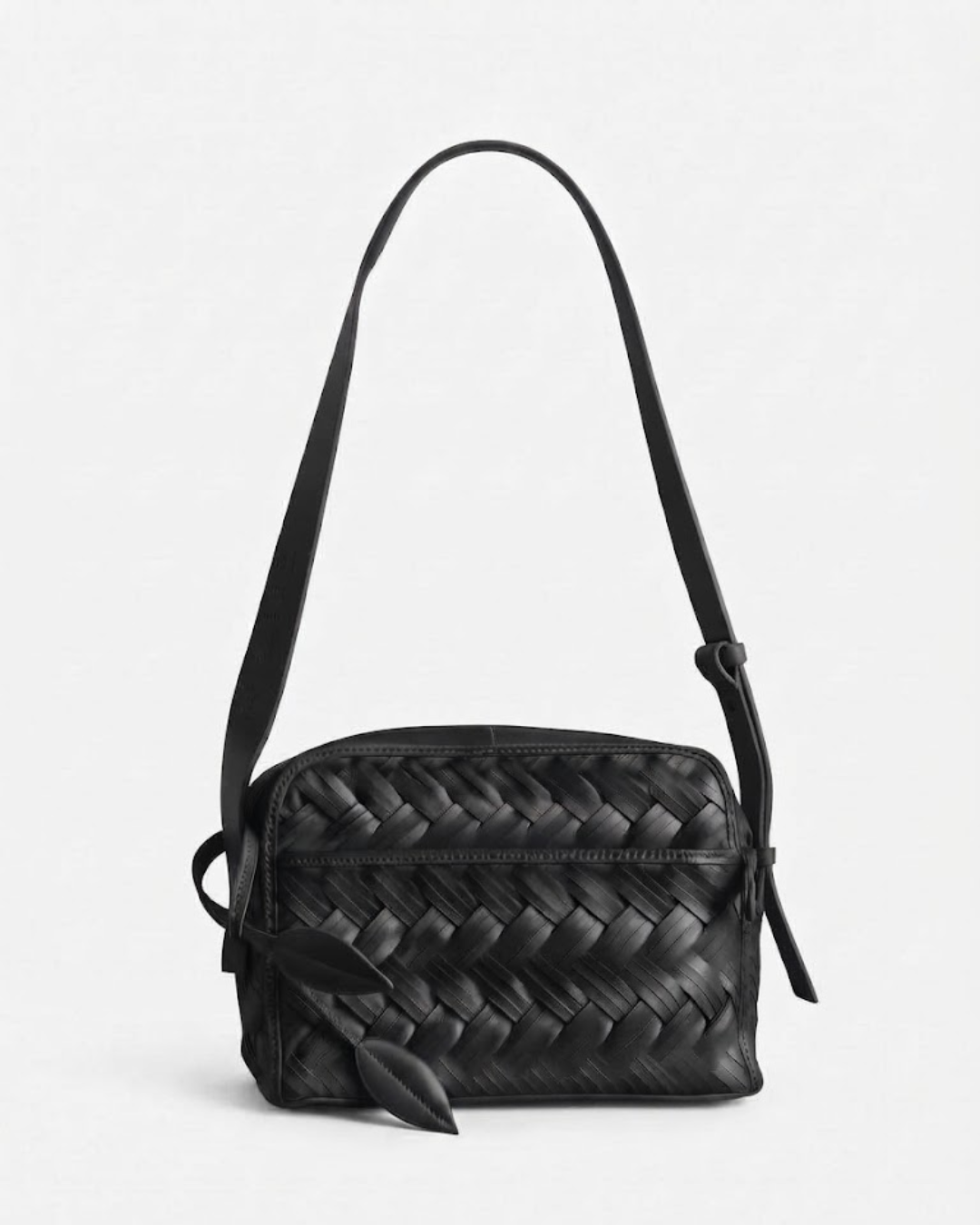 Aircrew braided calfskin crossbody bag in Black, front view — Biche Maison Dréan
