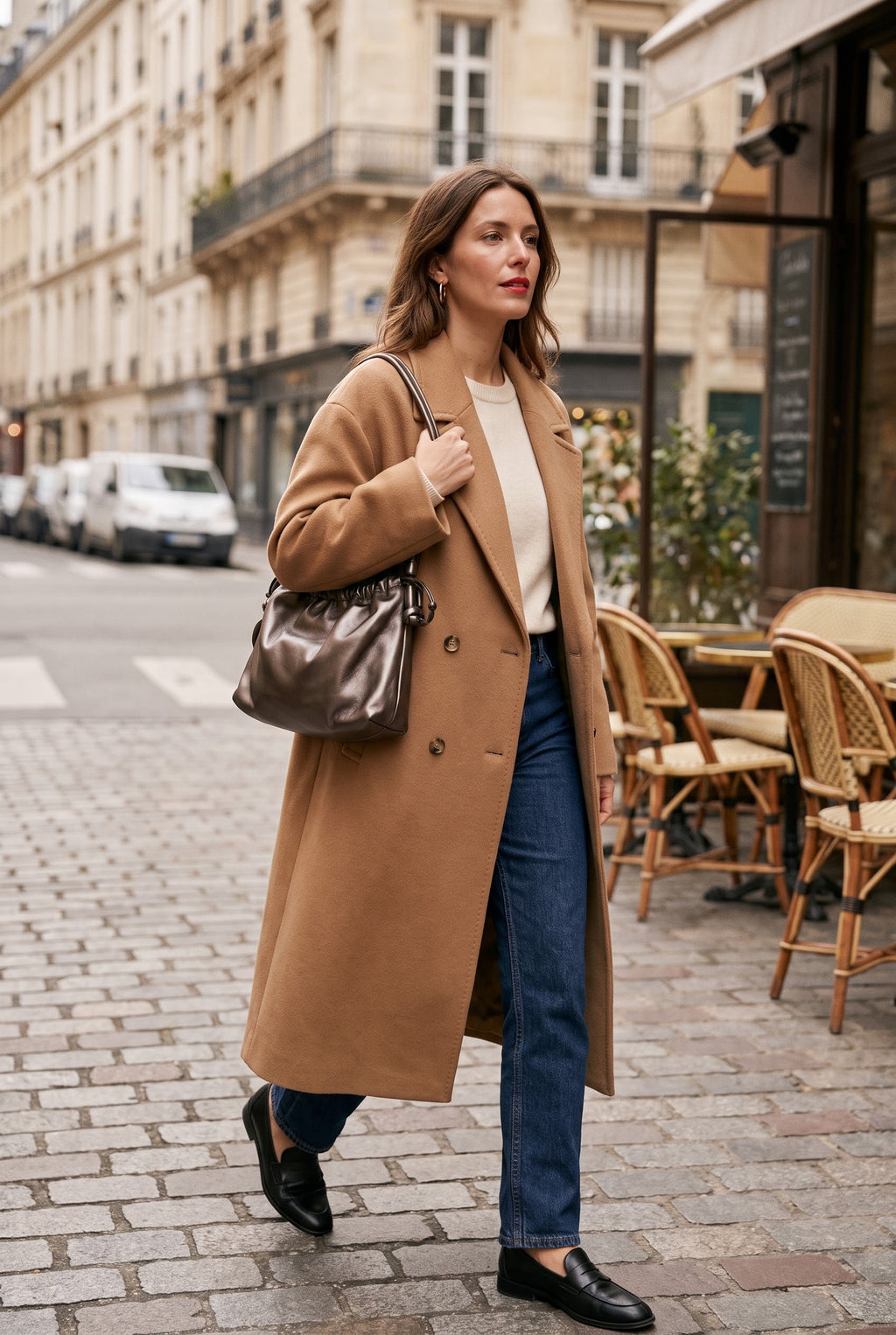 Woman wearing the Eva Grande calf leather laptop bag — Biche Maison Dréan