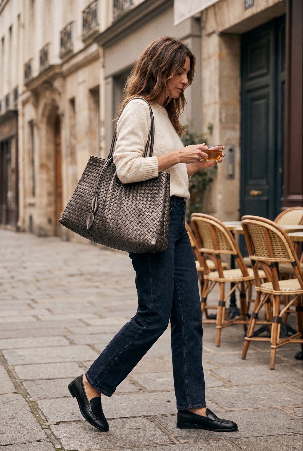 Woman wearing the Nappa Grande woven nappa leather tote — Biche Maison Dréan