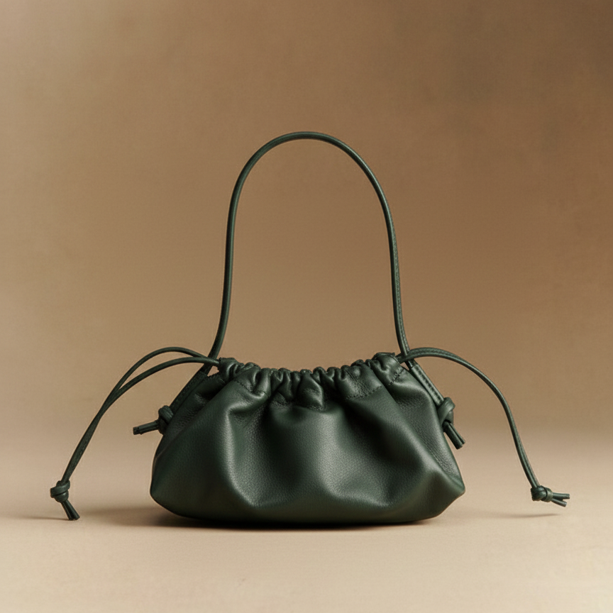 Green leather handbag with drawstring on a beige background