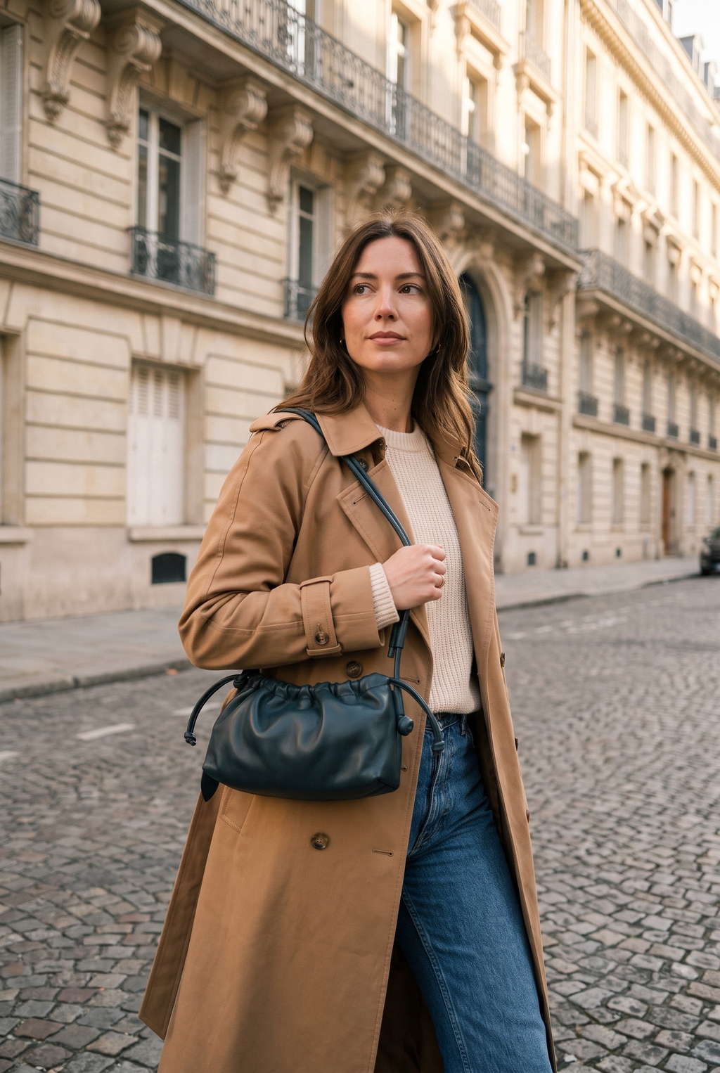 Woman wearing the Eva Classic drawstring calf leather bag — Biche Maison Dréan