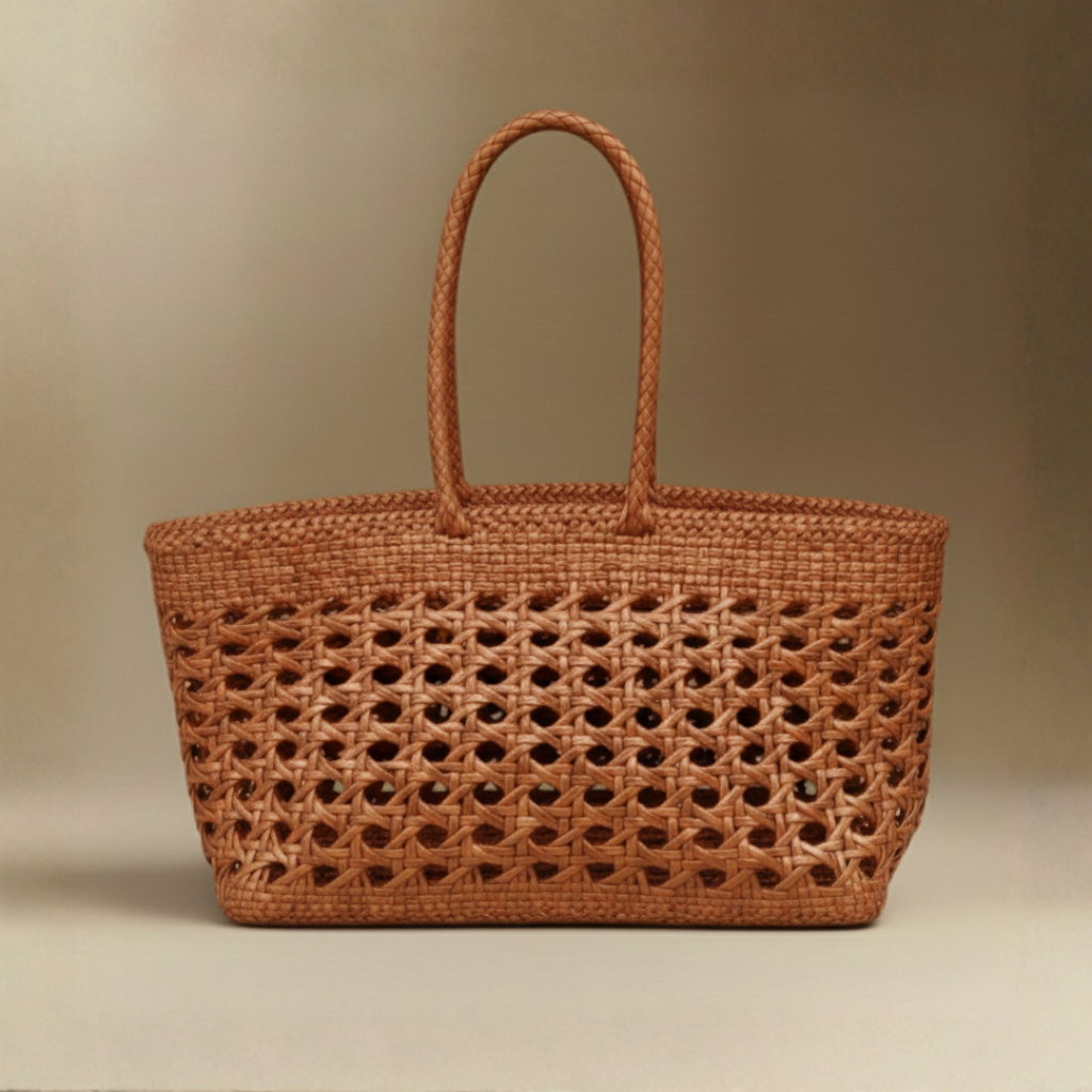 Panier Dentelle Large leather lace basket bag in natural tan, front view — Biche Maison Dréan

