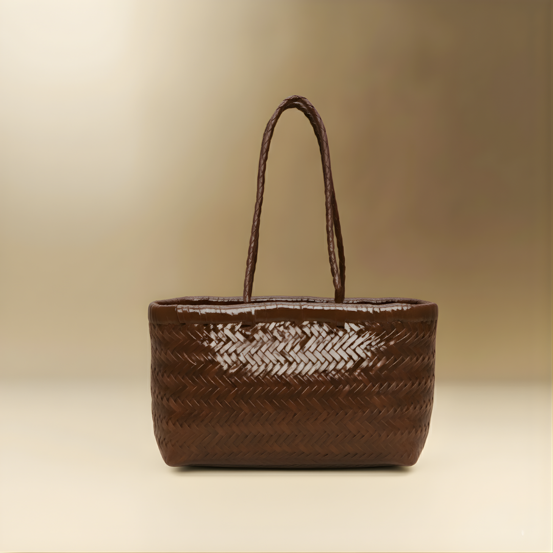 Panier Medium handwoven buffalo leather basket bag in mocha, front view — Biche Maison Dréan
