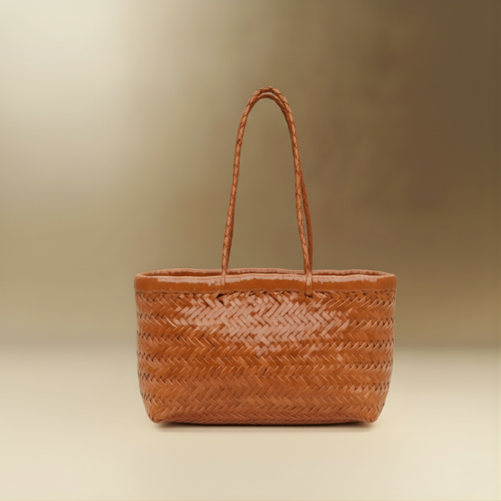 Panier Medium handwoven buffalo leather basket bag in natural, front view — Biche Maison Dréan

