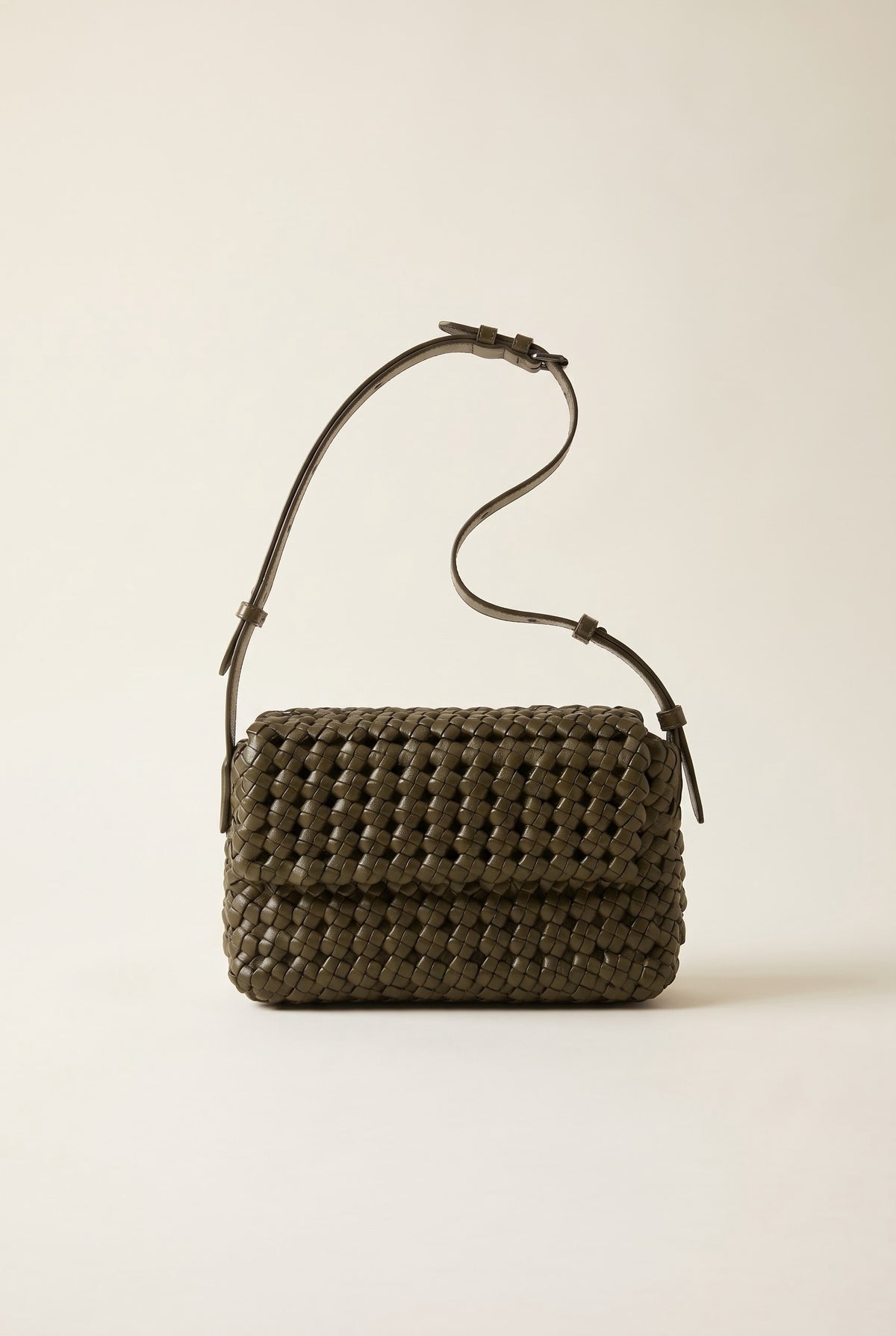 Bibi hand-knotted leather bag in Olive Green, front view — Biche Maison Dréan