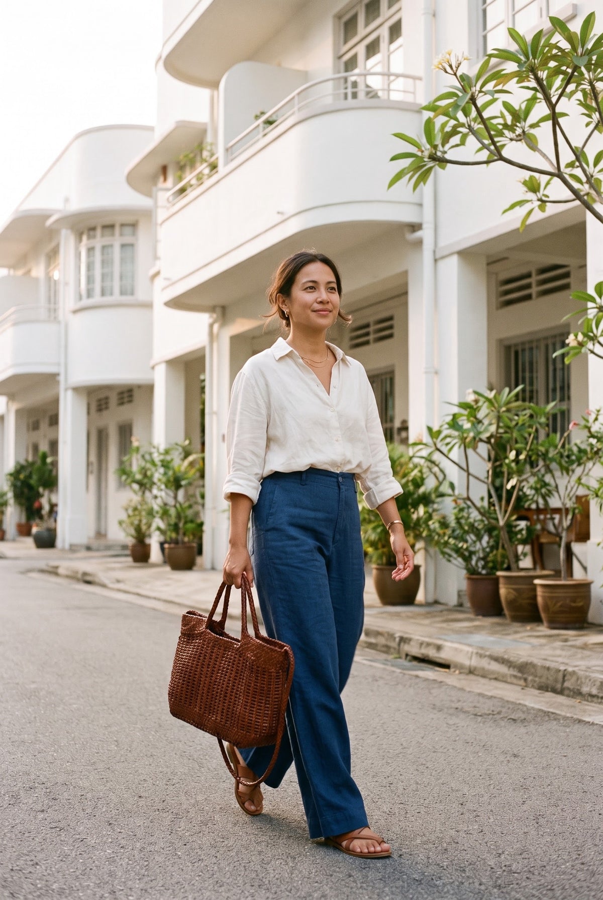 Woman wearing the Panier Lisa handwoven leather basket bag — Biche Maison Dréan